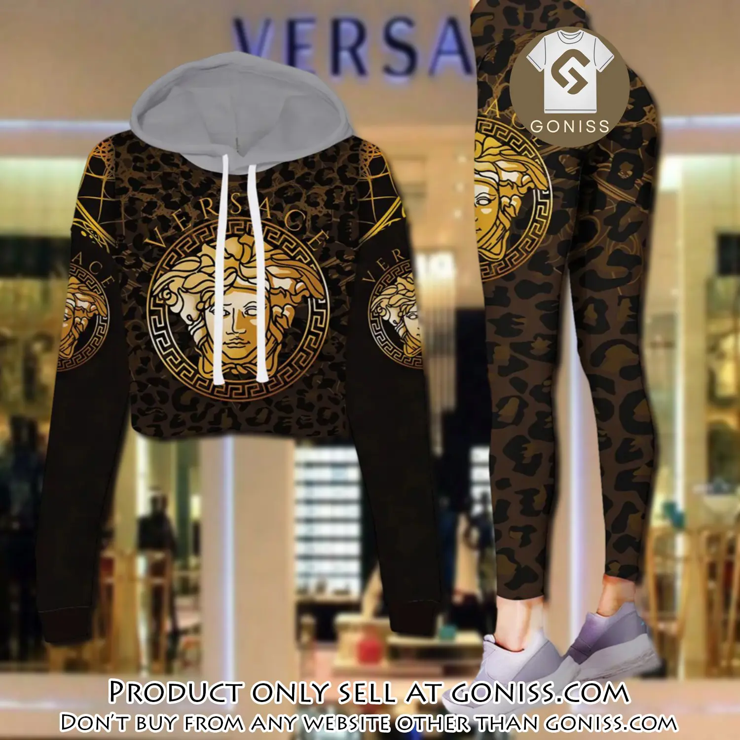 Versace medusa brown leopard pattern luxury brand clothes leggings and crop top set for women gn0114142